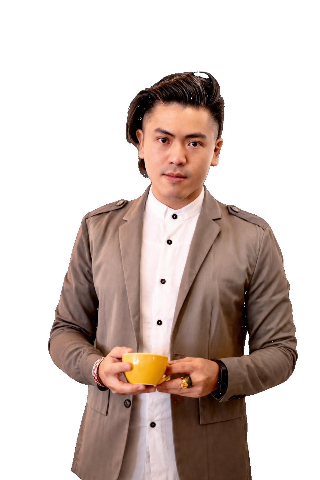 Dr. Aaron Kwan holding a yellow cup