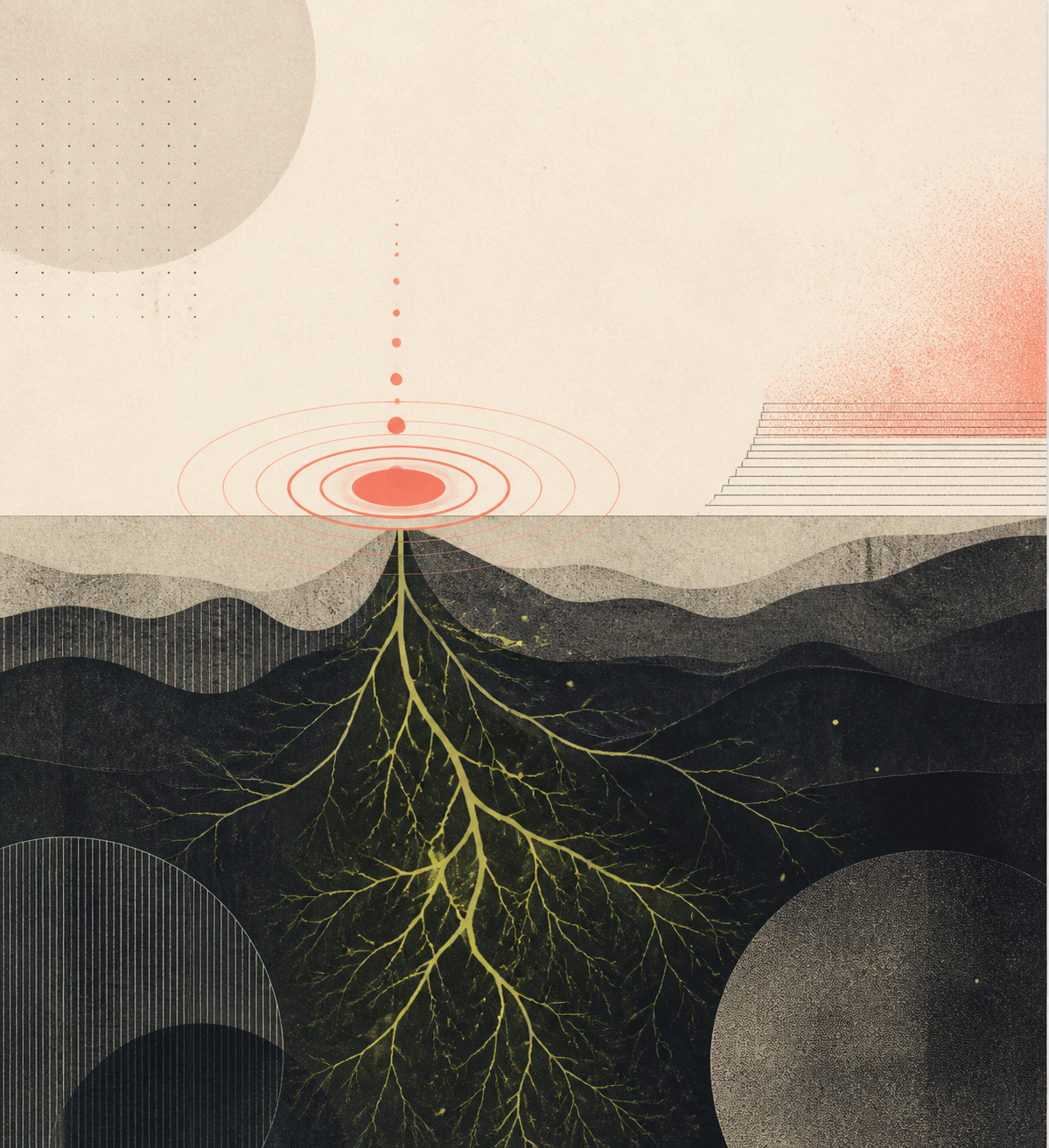 Abstract editorial illustration of a surface signal and deeper root causes.