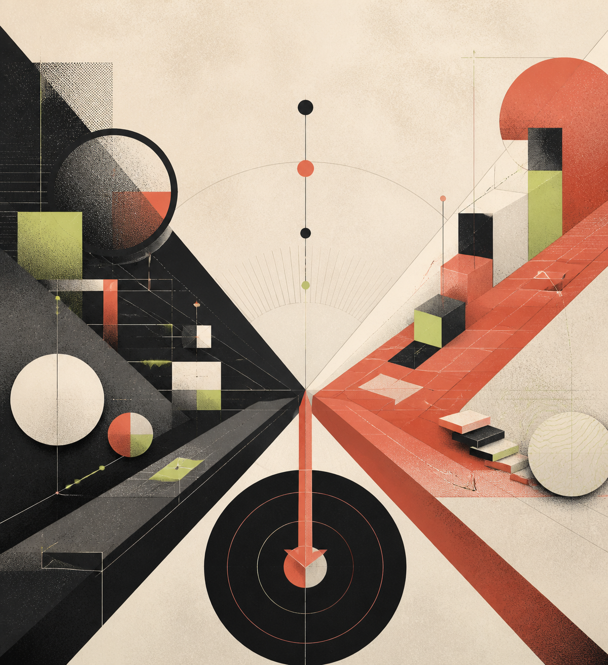 Abstract editorial illustration of two connected pathways from examination to action.